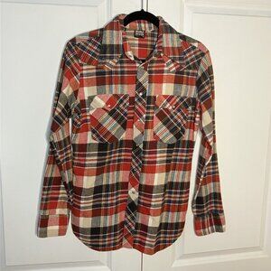 Vintage Double Decker Plaid Flannel Shirt Mens M Made in Canada Red Western